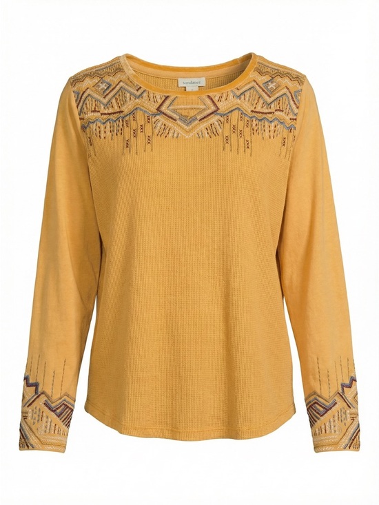 Sundance Tops - NWT Sundance Women XL Mustard Aztec Embroidered Waffle Knit Thermal Top